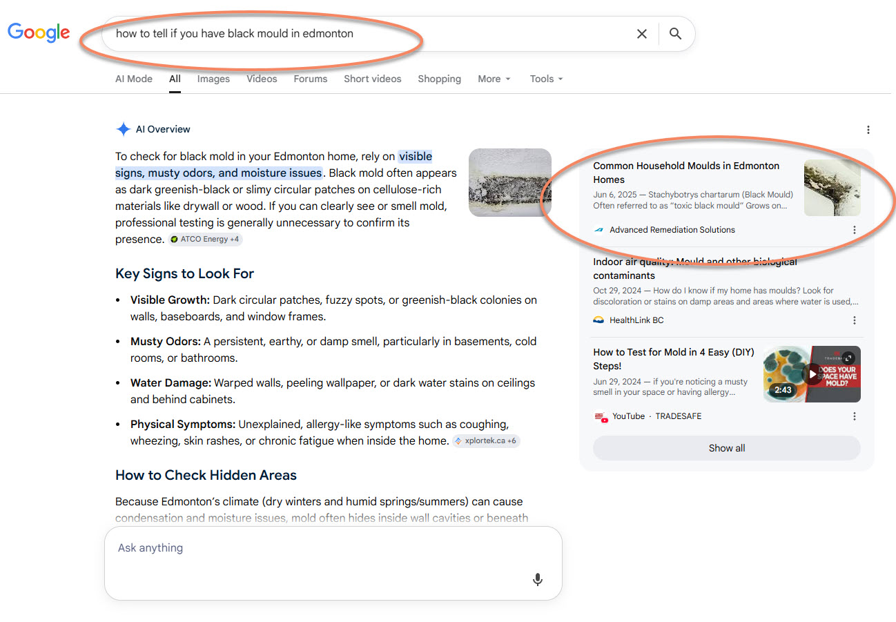 Google AI Overview featuring Advanced Remediation Solutions in the Common Household Moulds in Edmonton Homes knowledge panel for the query 'how to tell if you have black mould in edmonton'.